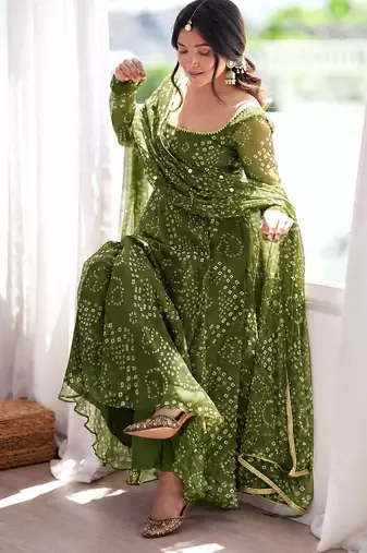 Green bandhani printed georgette anarkali kurta pant with dupatta set for women
