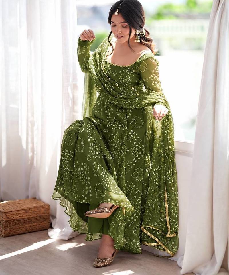 Green bandhani printed georgette anarkali kurta pant with dupatta set for women