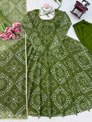 Green bandhani printed georgette anarkali kurta pant with dupatta set for women 4
