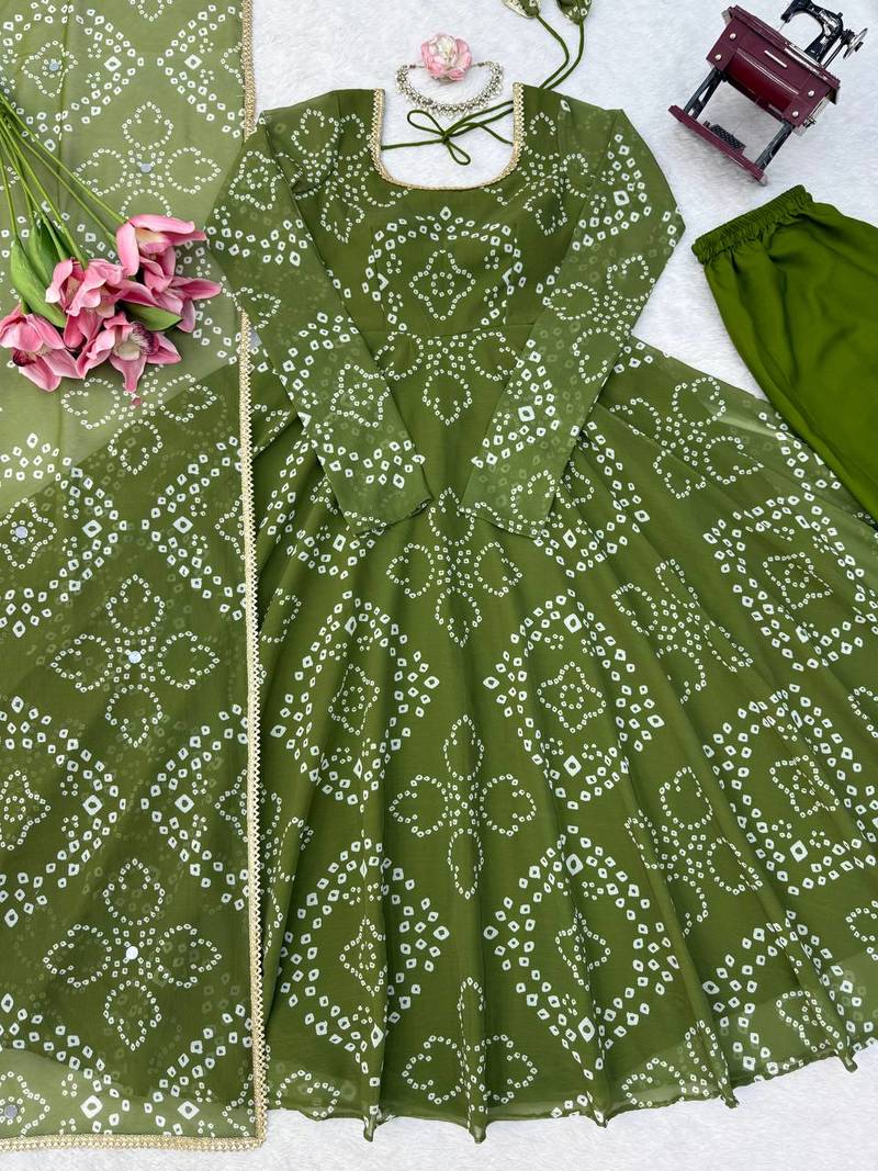 Green bandhani printed georgette anarkali kurta pant with dupatta set for women