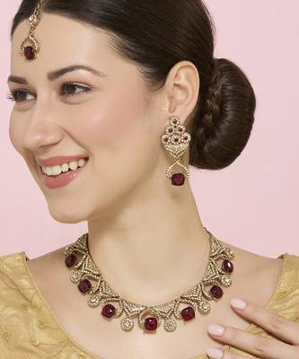 Maroon yellow gold premium designer american diamond and stone work necklace set 1