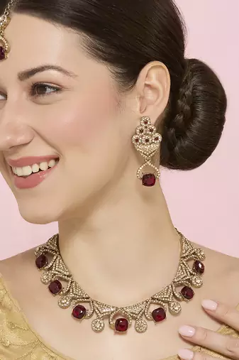 Maroon yellow gold premium designer american diamond and stone work necklace set