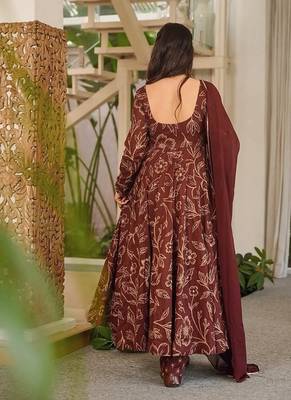 Brown maslin digital printed wedding party festival casual ready anarkali palazzo pant salwar kameez 1