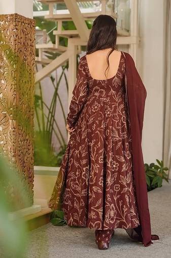 Brown maslin digital printed wedding party festival casual ready anarkali palazzo pant salwar kameez