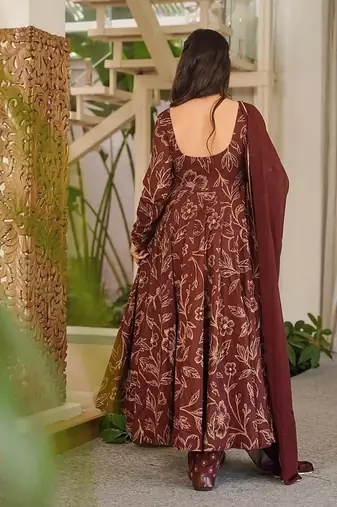 Brown maslin digital printed wedding party festival casual ready anarkali palazzo pant salwar kameez