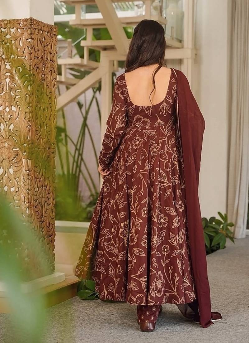 Brown maslin digital printed wedding party festival casual ready anarkali palazzo pant salwar kameez