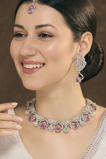 Purple rhodium premium designer american diamond and stone work necklace set