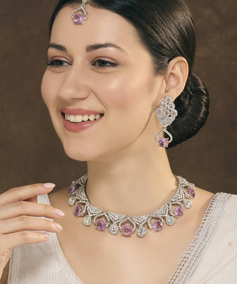 Purple rhodium premium designer american diamond and stone work necklace set