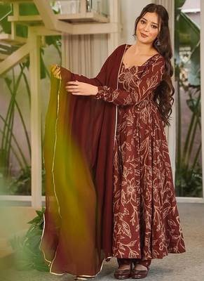 Brown maslin digital printed wedding party festival casual ready anarkali palazzo pant salwar kameez 2