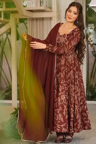 Brown maslin digital printed wedding party festival casual ready anarkali palazzo pant salwar kameez