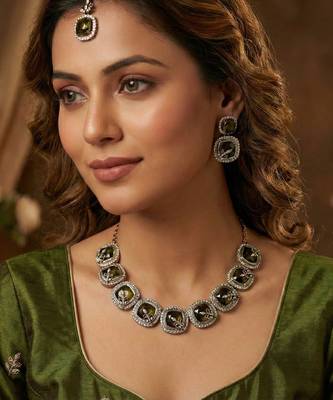 Green yellow gold premium designer american diamond and stone work necklace set 1