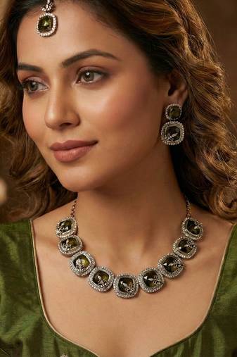 Green yellow gold premium designer american diamond and stone work necklace set
