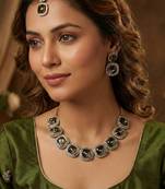 Green yellow gold premium designer american diamond and stone work necklace set
