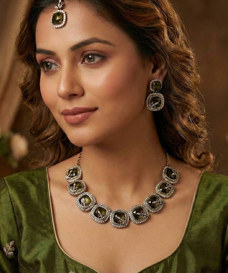 Green yellow gold premium designer american diamond and stone work necklace set
