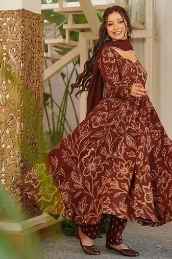 Brown maslin digital printed wedding party festival casual ready anarkali palazzo pant salwar kameez