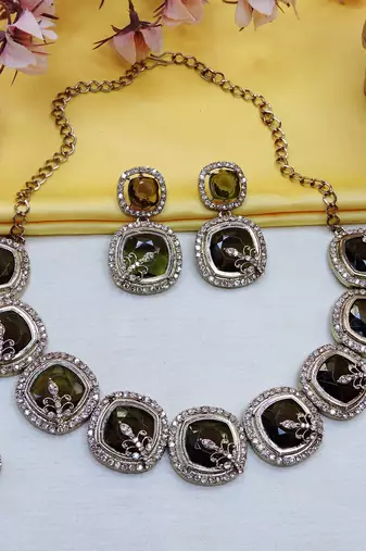 Green yellow gold premium designer american diamond and stone work necklace set