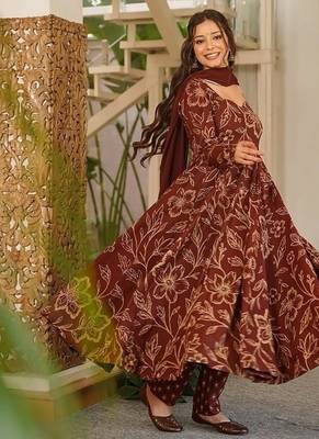Brown maslin digital printed wedding party festival casual ready anarkali palazzo pant salwar kameez 4