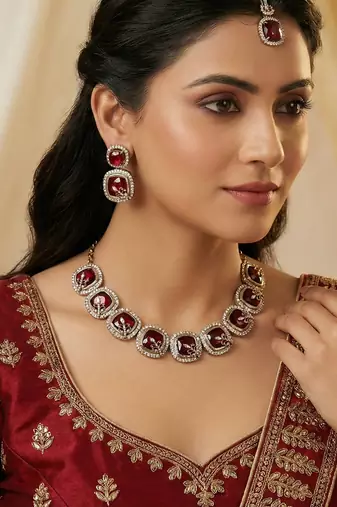 Maroon yellow gold premium designer american diamond and stone work necklace set