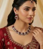 Maroon yellow gold premium designer american diamond and stone work necklace set