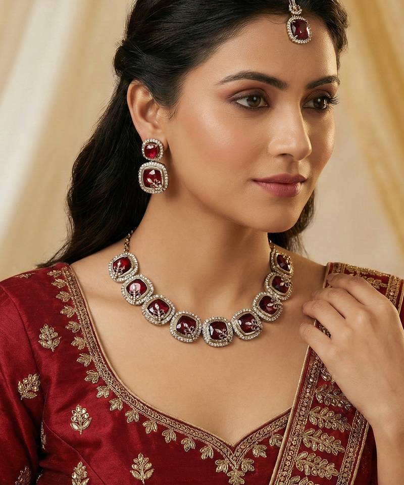 Maroon yellow gold premium designer american diamond and stone work necklace set
