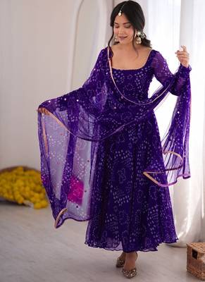 Jambli bandhani printed georgette anarkali kurta pant with dupatta set for women 1