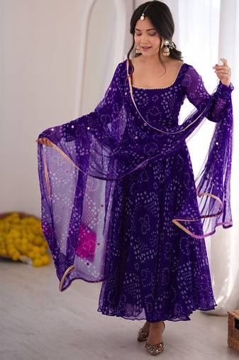 Jambli bandhani printed georgette anarkali kurta pant with dupatta set for women