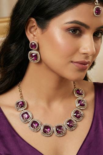 Purple yellow gold premium designer american diamond and stone work necklace set