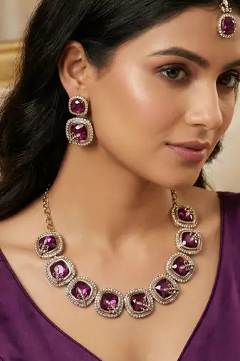 Purple yellow gold premium designer american diamond and stone work necklace set