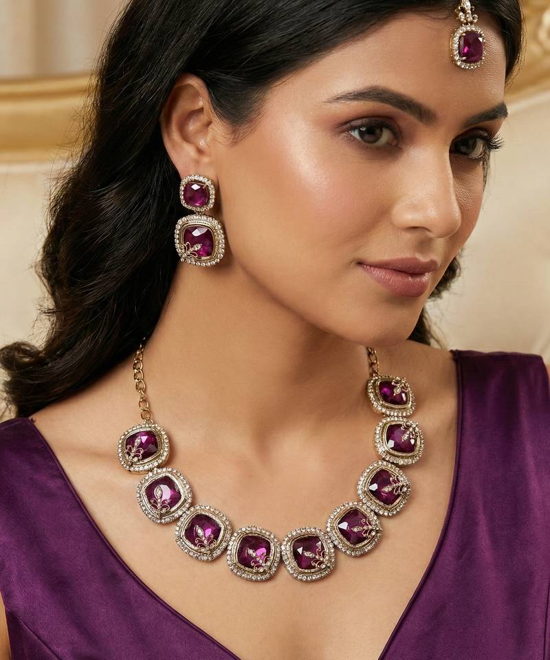 Purple yellow gold premium designer american diamond and stone work necklace set