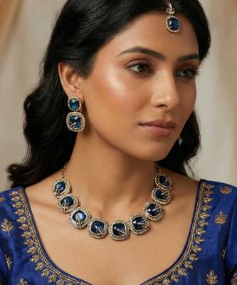 Blue yellow gold premium designer american diamond and stone work necklace set 1
