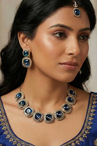 Blue yellow gold premium designer american diamond and stone work necklace set