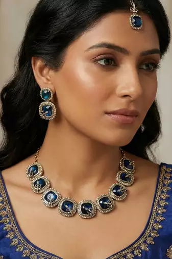 Blue yellow gold premium designer american diamond and stone work necklace set