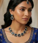 Blue yellow gold premium designer american diamond and stone work necklace set