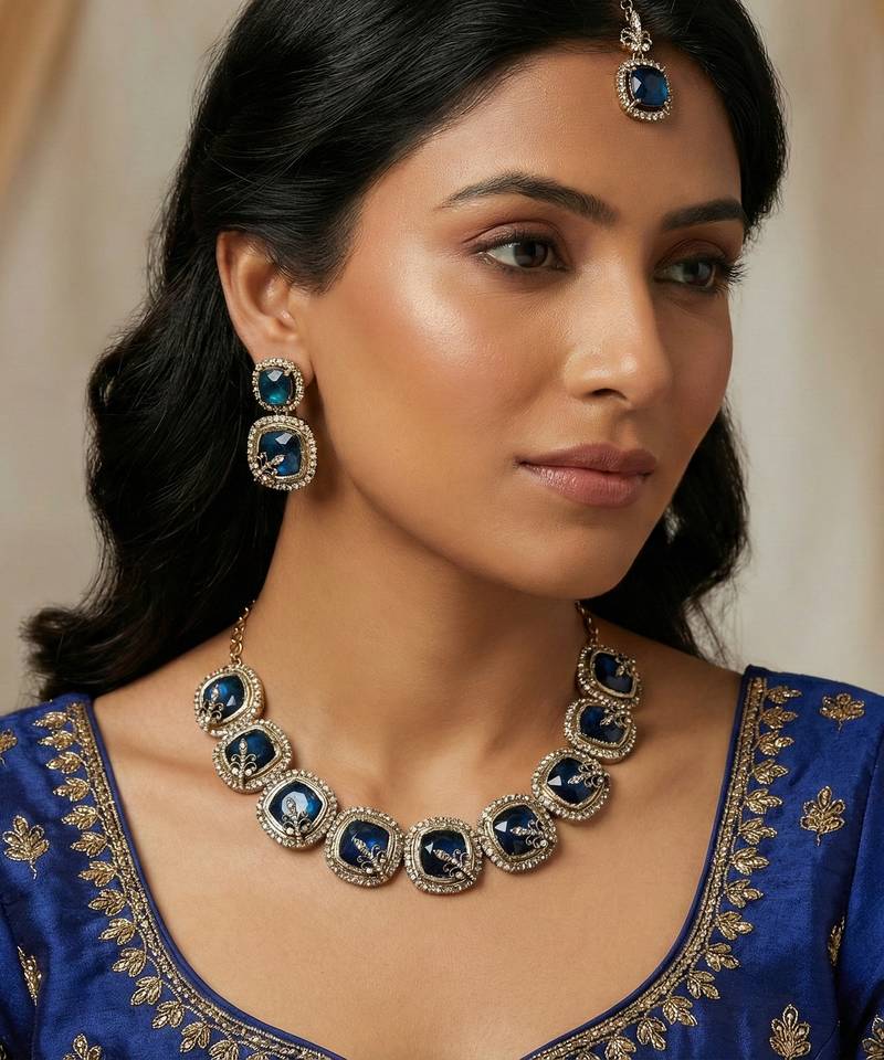 Blue yellow gold premium designer american diamond and stone work necklace set