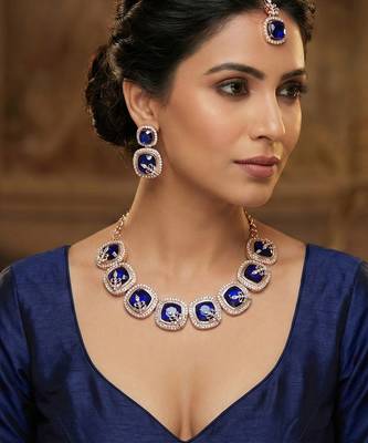 Blue rose gold premium designer american diamond and stone work necklace set 1
