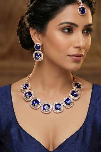 Blue rose gold premium designer american diamond and stone work necklace set