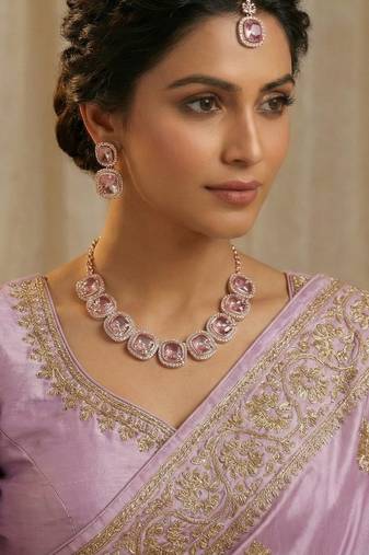 Purple rose gold premium designer american diamond and stone work necklace set