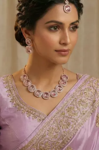 Purple rose gold premium designer american diamond and stone work necklace set