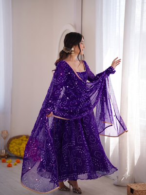 Jambli bandhani printed georgette anarkali kurta pant with dupatta set for women 2