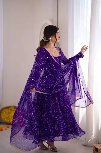 Jambli bandhani printed georgette anarkali kurta pant with dupatta set for women