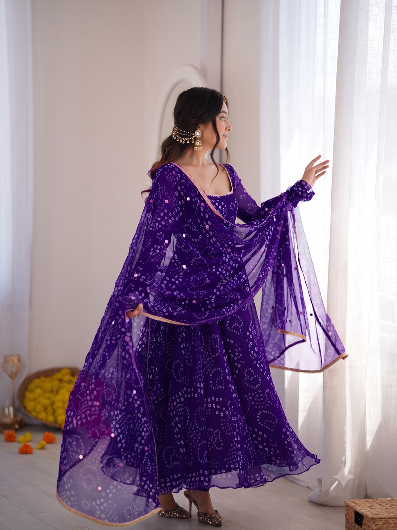 Jambli bandhani printed georgette anarkali kurta pant with dupatta set for women