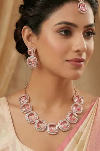 Pink rose gold premium designer american diamond and stone work necklace set