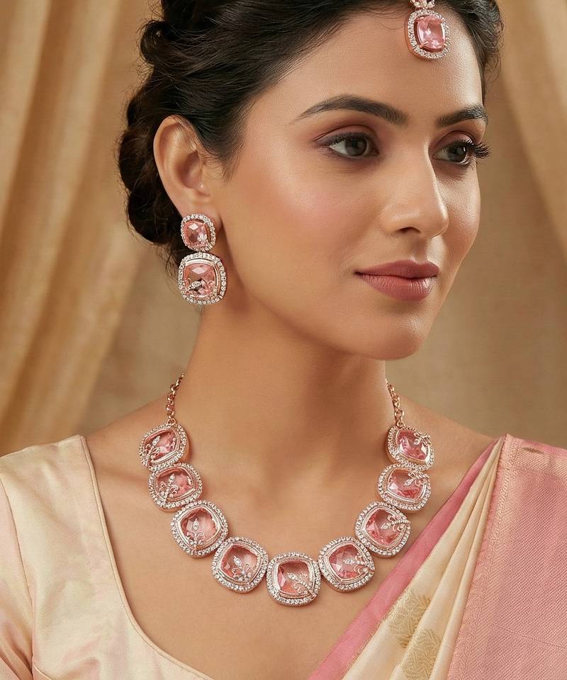 Pink rose gold premium designer american diamond and stone work necklace set