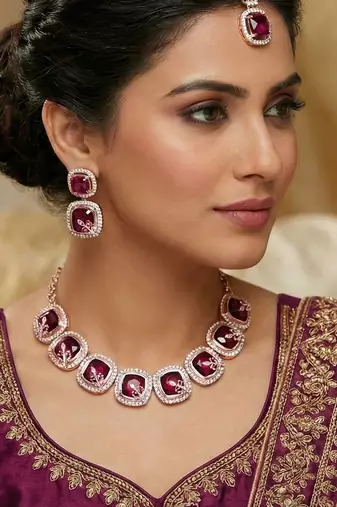 Purple rose gold premium designer american diamond and stone work necklace set