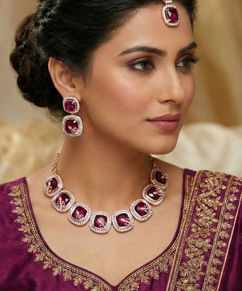 Purple rose gold premium designer american diamond and stone work necklace set