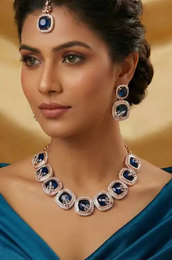 Blue rose gold premium designer american diamond and stone work necklace set