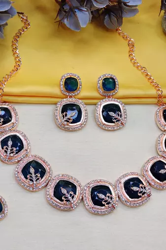 Blue rose gold premium designer american diamond and stone work necklace set