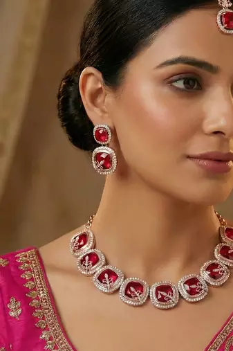 Pink rose gold premium designer american diamond and stone work necklace set