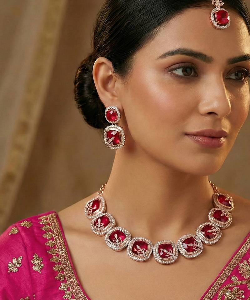 Pink rose gold premium designer american diamond and stone work necklace set