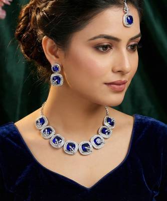 Blue rhodium premium designer american diamond and stone work necklace set 1